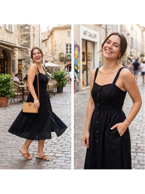 Reformation Dress Persimmon Black Midi Button-Front Dress S Viscose Blend